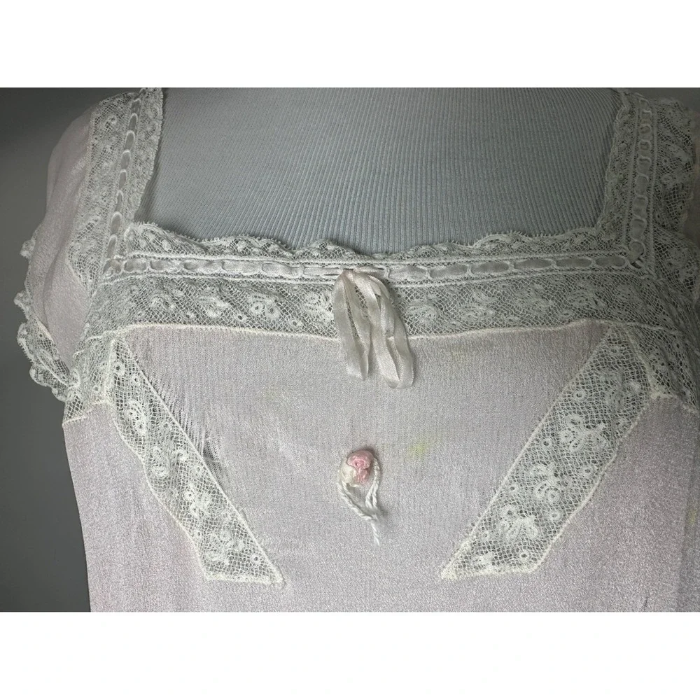 Vintage 1920s Pink Silk Nightgown White Lace Antique Flapper Lingerie Dress - Picture 6 of 10